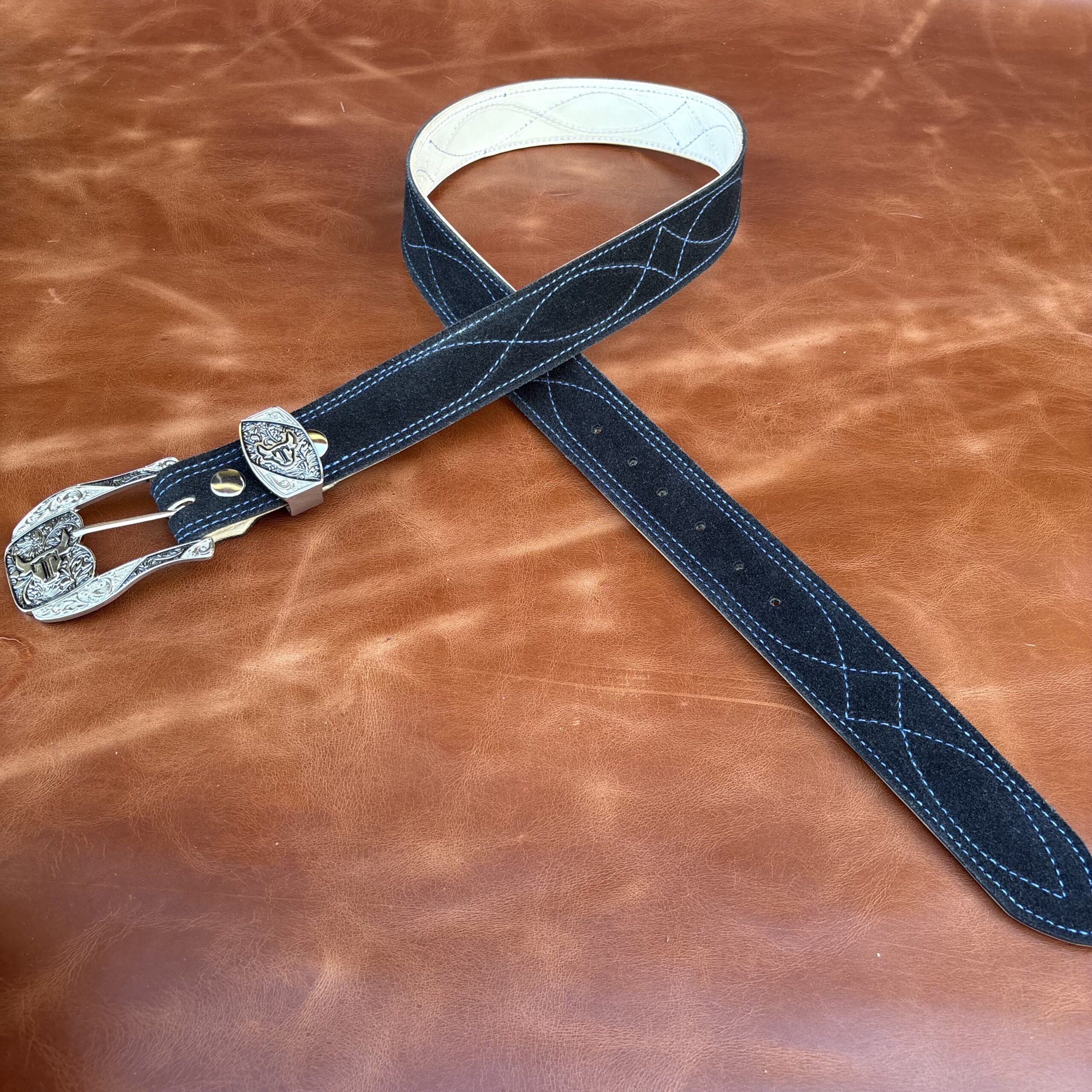 Cinto couro virado Black costura Azul